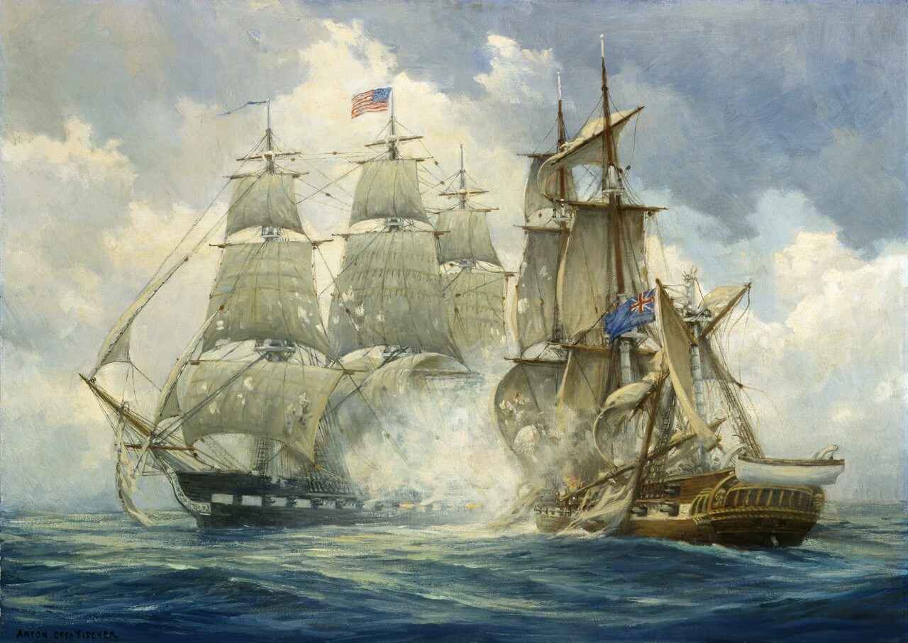 a painting depicting a naval battle from the war of 1812