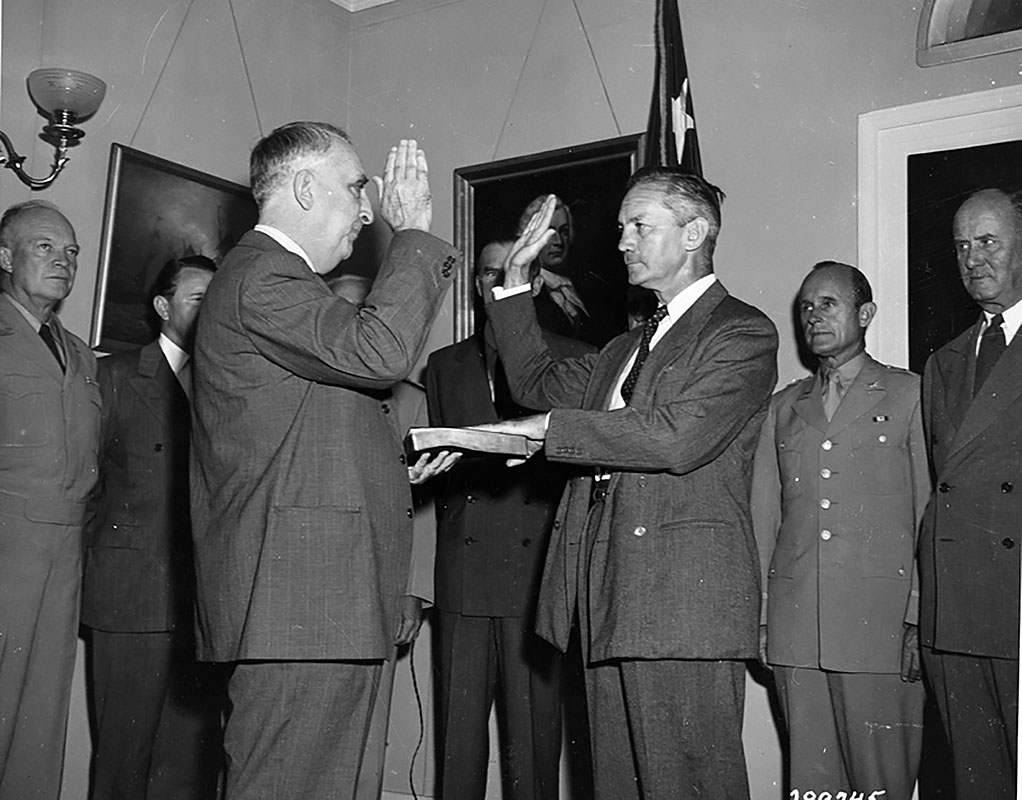 James V. Forrestal being sworn in to led the National Military Establishment