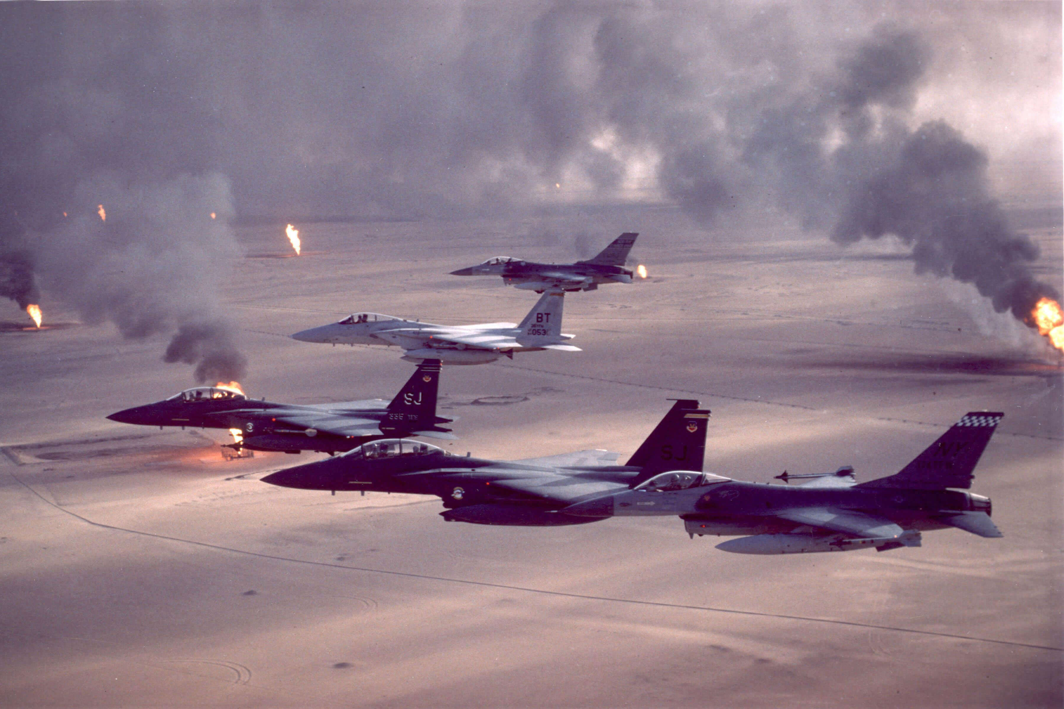 Planes making a bombing run during Operation Desert Storm