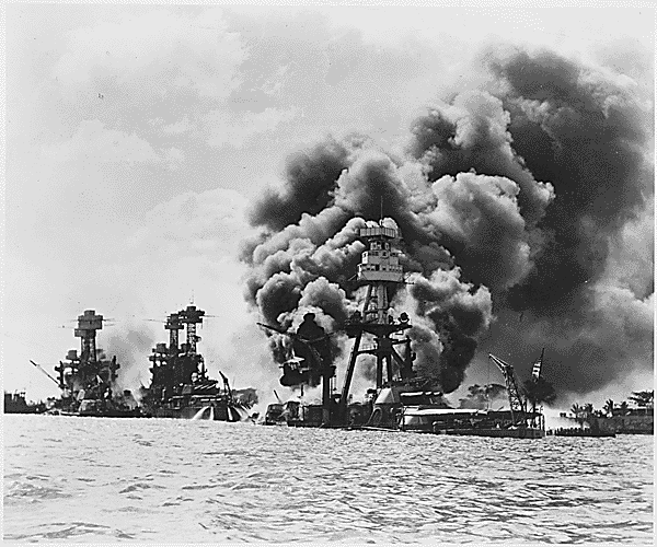 A photo of bombs going off in Pearl Harbor