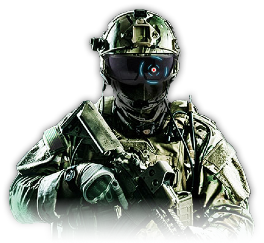 A soldier wearing futuristic combat gear and holding a weapon.