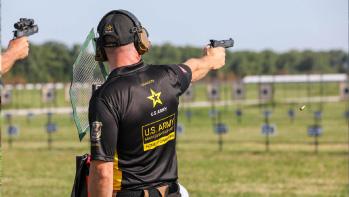 A montage of Army marksmen aiming their weapons.