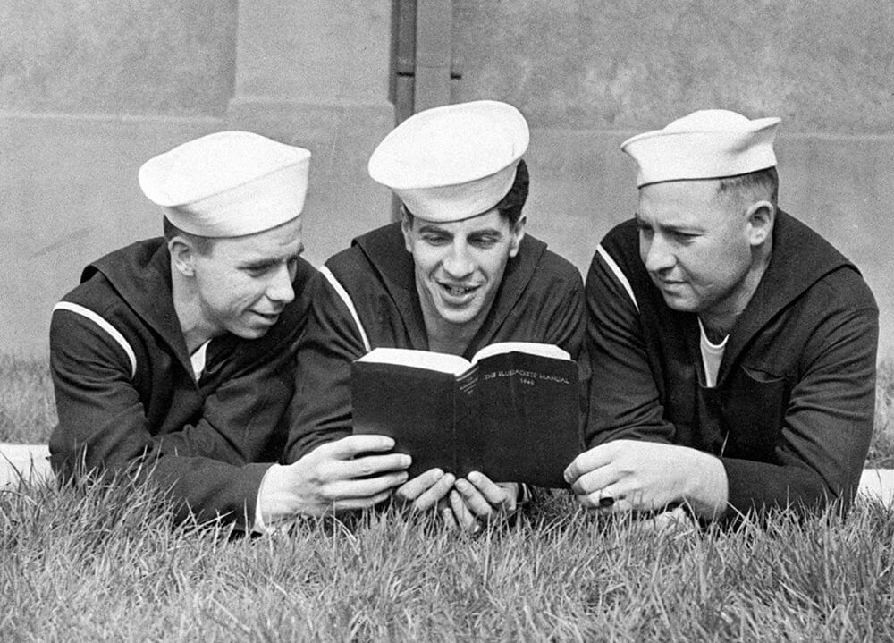 Pee Wee Reese, Phil Rizzuto and Hugh Casey in Navy Uniforms