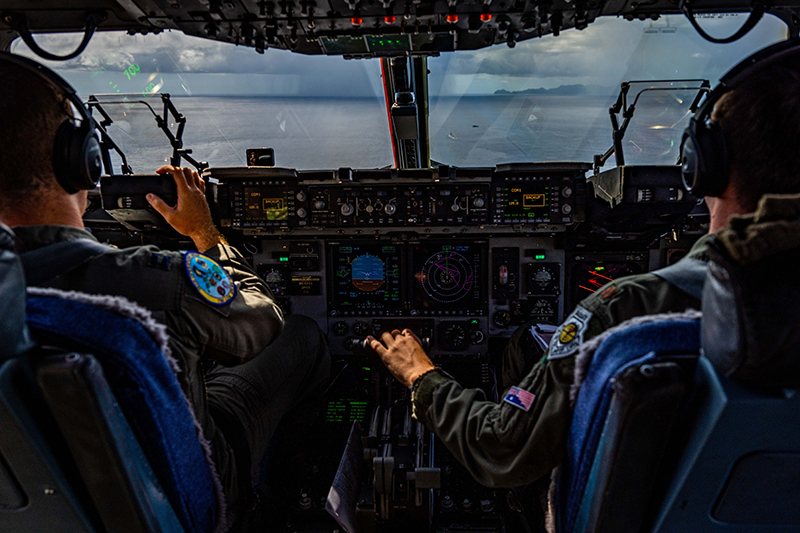 The view from the cockpit of a C-17 Globemaster III.